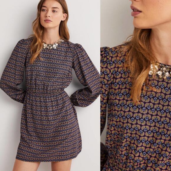 Boden Crew Neck Navy Dandelion Pop Mini Dress - Picture 1 of 12